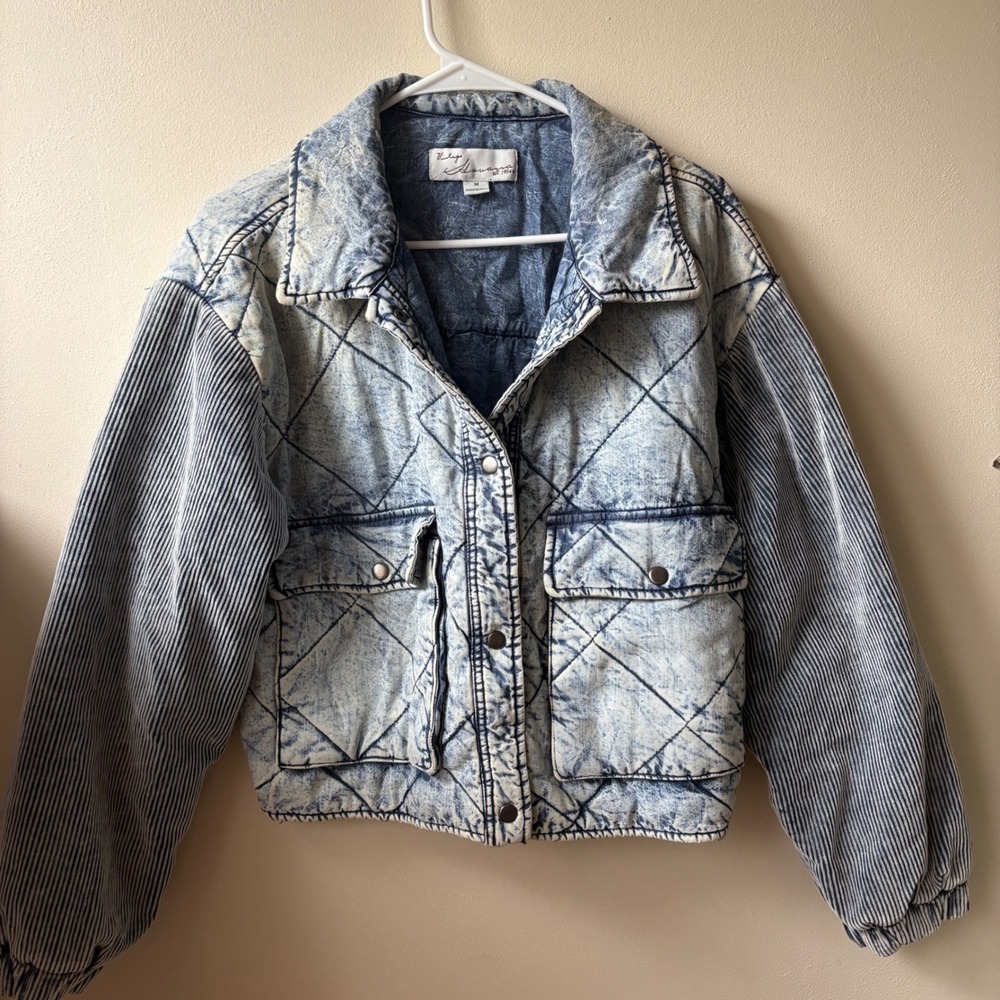 Vintage Havana Acid Wash Quilted Denim Jacket Blue Mixed Media Pinstripe Medium